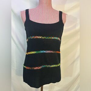 Rainbow Embroidered Boho Top Black Knit Maximalism Colorful NWT Bibi Sz Medium